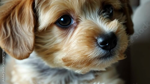 A small, brown and white dog looks directly at the camera with wide, curious eyes photo