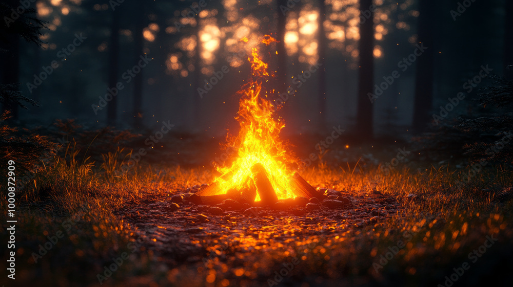 A small campfire blazes brightly in the center of a clearing, providing warmth and light for the campers. A small campfire blazes brightly in the center of a clearing, providing warmth and light for the campers.