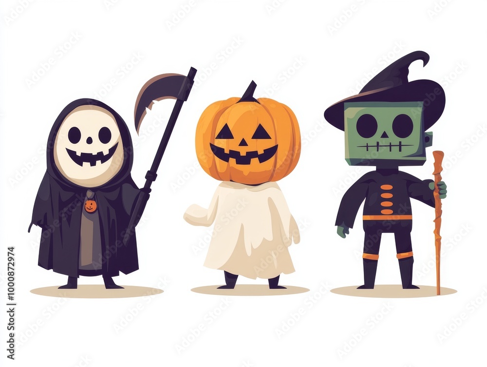 2408 21.A set of Halloween character vectors featuring a grim reaper with a scythe, a mischievous ghost, a grinning pumpkin-headed creature, and a blocky Frankenstein figure. The characters are 2408 21.A set of Halloween character vectors featuring a grim reaper with a scythe, a mischievous ghost, a grinning pumpkin-headed creature, and a blocky Frankenstein figure. The characters are