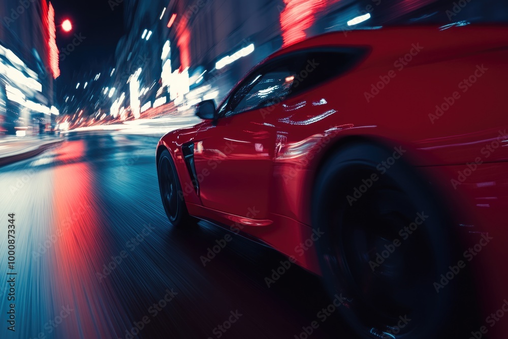 Red sports car on city street Red sports car on city street