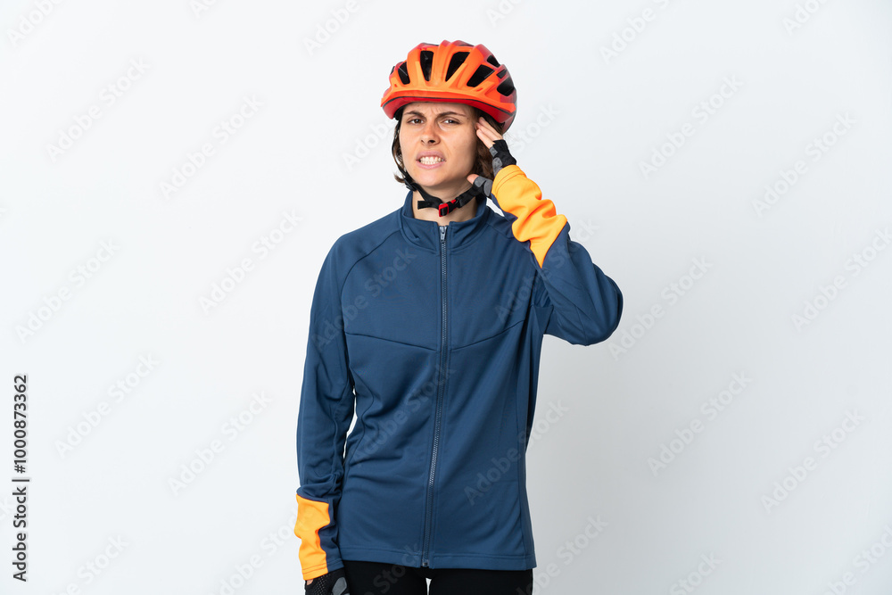 Young English cyclist woman isolated on white background having doubts Young English cyclist woman isolated on white background having doubts