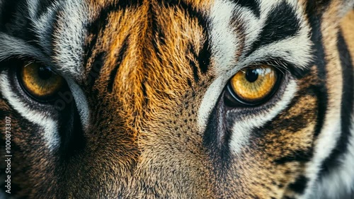 A close-up of a tiger's eyes, showcasing the intricate details of its fur and the intensity of its gaze photo