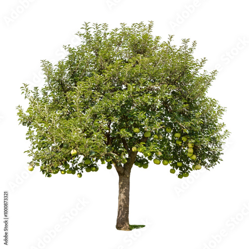 Lush apple tree with ripe fruits, white background transparent photo