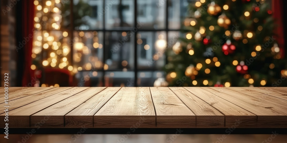 Empty Wooden Table with Blurred Christmas Tree Background Empty Wooden Table with Blurred Christmas Tree Background
