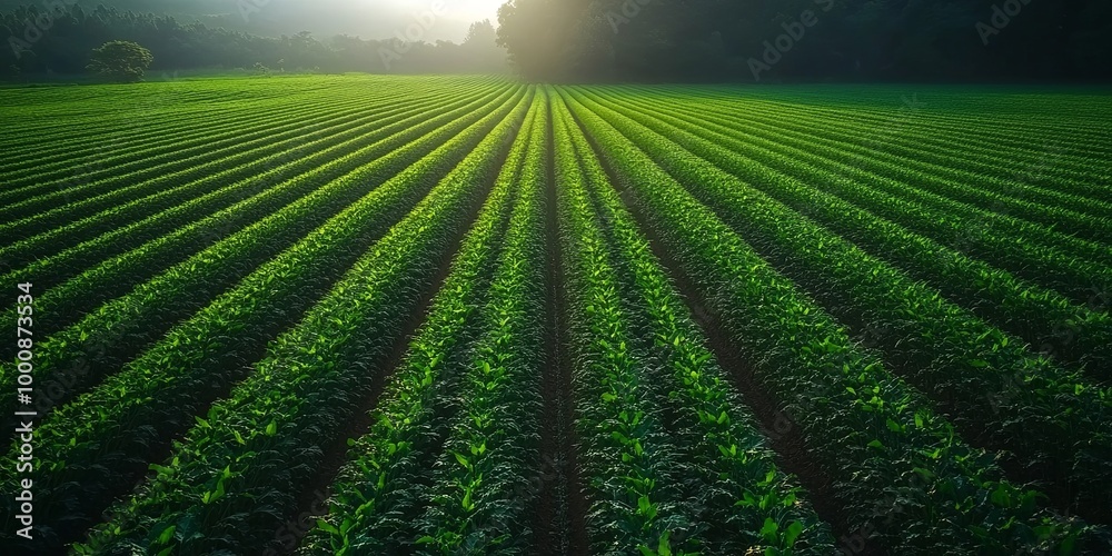 A sun-drenched field of rows of green plants with a soft glow illuminating the scene. A sun-drenched field of rows of green plants with a soft glow illuminating the scene.