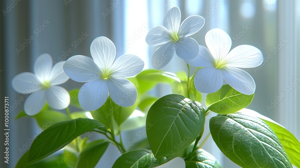 Delicate white flowers with vibrant green leaves bathed in soft sunlight, showcasing the beauty of nature's simple elegance Delicate white flowers with vibrant green leaves bathed in soft sunlight, showcasing the beauty of nature's simple elegance