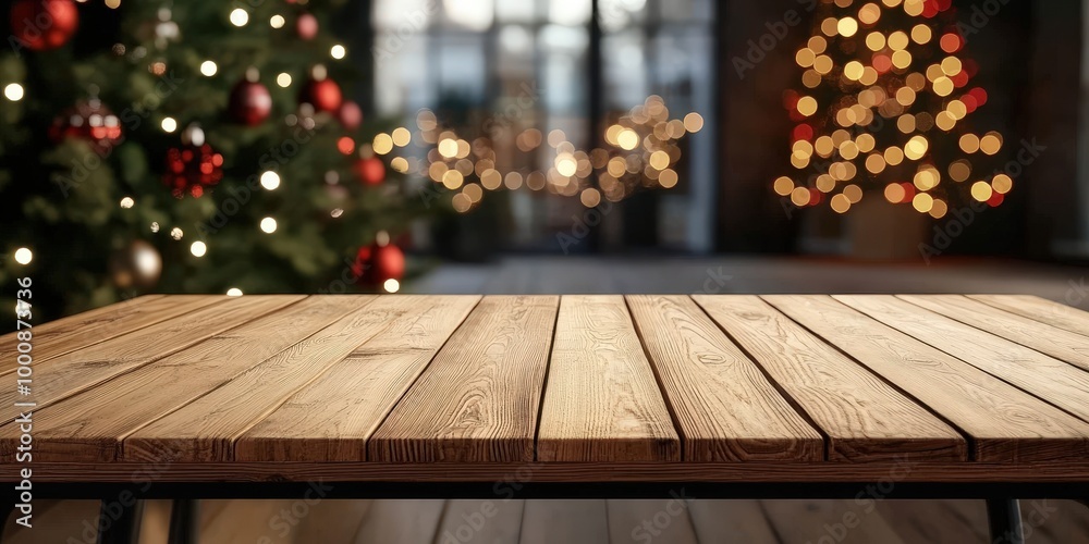 Empty Wooden Table with Blurred Christmas Tree Background Empty Wooden Table with Blurred Christmas Tree Background