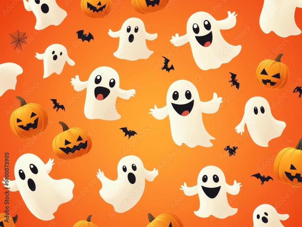 2408 32.A humorous Halloween design featuring floating cartoon ghosts and jack-o-lanterns with goofy expressions. The bright orange background provides space for text, making it ideal for a 2408 32.A humorous Halloween design featuring floating cartoon ghosts and jack-o-lanterns with goofy expressions. The bright orange background provides space for text, making it ideal for a