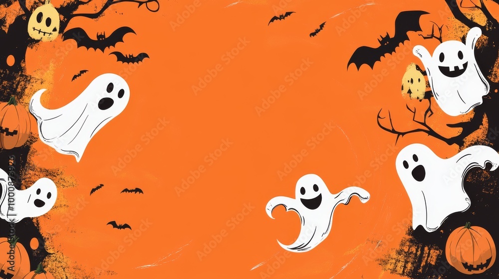 2408 33.A Halloween scene with cartoon ghosts and pumpkins over a vibrant orange background. The central space is left open for text, while the playful characters hover around the edges, creating a 2408 33.A Halloween scene with cartoon ghosts and pumpkins over a vibrant orange background. The central space is left open for text, while the playful characters hover around the edges, creating a