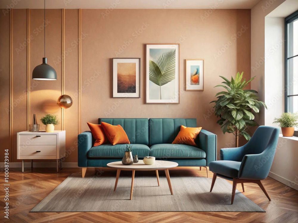 Fototapeta premium Modern living room featuring a cozy blue sofa with orange cushions, a stylish terracotta lounge chair, and vibrant plants, accented by framed artwork and elegant pendant lighting.