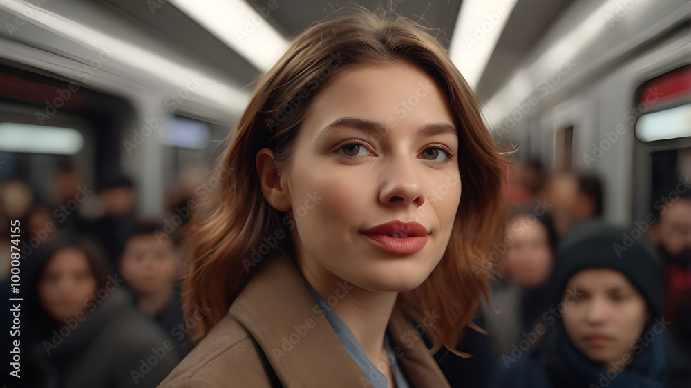 Fototapeta premium Woman in modern clothes standing inside the train of a crowded subway. Blurred background.