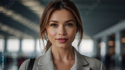 Slightly smiling lips and looking at the camera -Business woman in trendy clothes standing inside the airport. Blurred background.