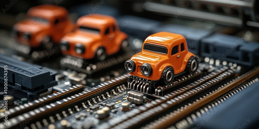 A miniature orange car driving along the tracks of a circuit board, representing the fast-paced world of technology. A miniature orange car driving along the tracks of a circuit board, representing the fast-paced world of technology.
