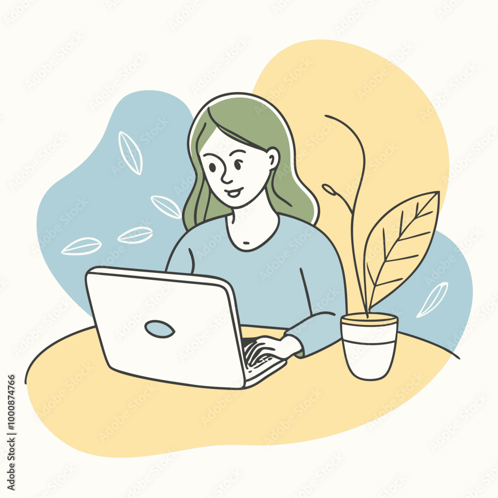 Young woman working on a laptop at a table with a plant in an abstract colorful background Young woman working on a laptop at a table with a plant in an abstract colorful background