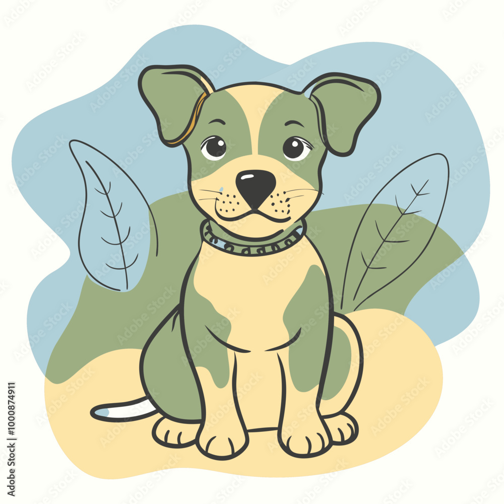 Fototapeta premium Cute illustration of a smiling puppy sitting with leaves in the background