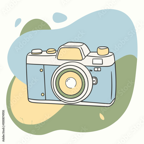 Illustration of a vintage camera against a soft colorful background 