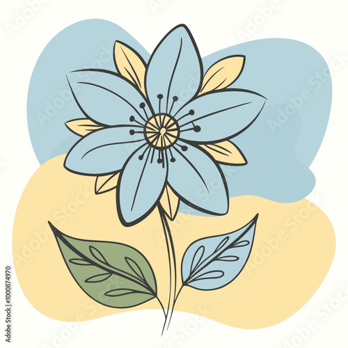 Illustration of a beautiful flower with leaves set against a simple colorful background 