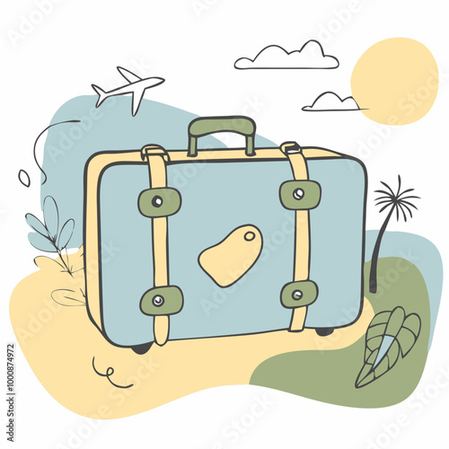 Illustration of a travel suitcase with a tropical background and travel elements 