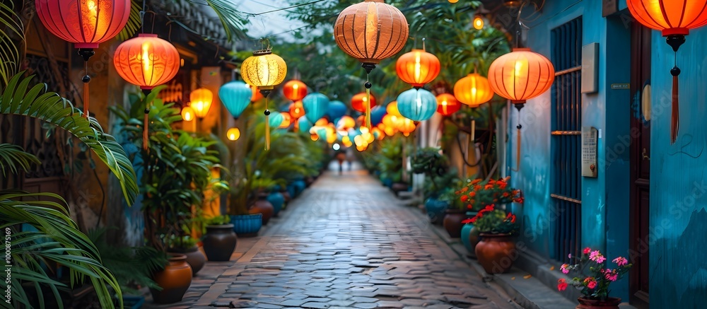 Naklejka premium Enchanting Hoi An Ancient Town Illuminated by Vibrant Traditional Lanterns