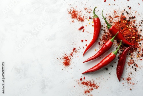 Bright red chili peppers with sprinkled paprika powder on a light background for culinary use