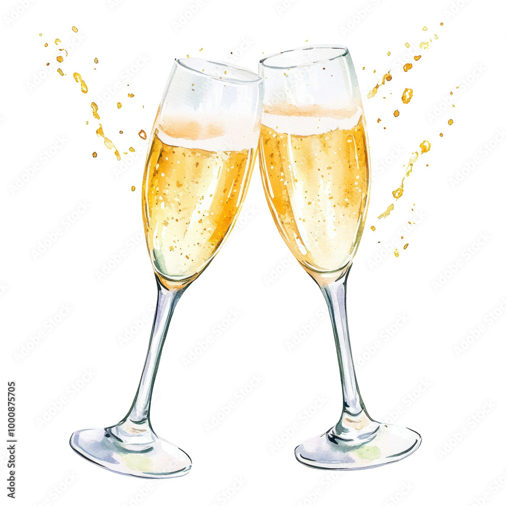Two champagne glasses clinking together, with golden bubbles splashing, representing a celebratory toast, isolated on white. Two champagne glasses clinking together, with golden bubbles splashing, representing a celebratory toast, isolated on white.
