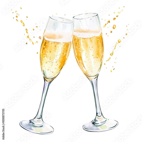 Two champagne glasses clinking together, with golden bubbles splashing, representing a celebratory toast, isolated on white.