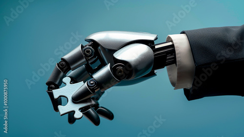 AI business solution future technology and innovation concept. Close-up businessman robot's and holding jigsaw puzzle isolate on blue background. Creative marketing with artificial intelligence.