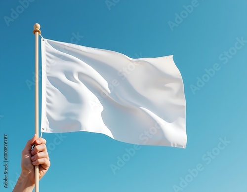 Hand holding  a blank white flag mockup on blue sky, mockup design concept