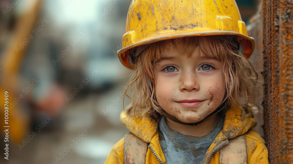 Child with dirty hard hat at construction site Child with dirty hard hat at construction site