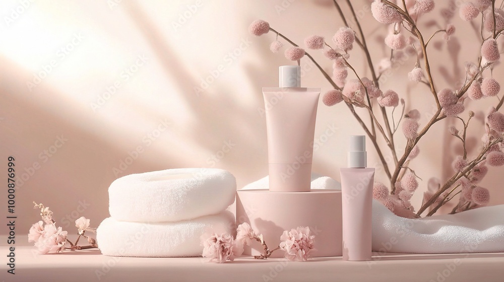 Soft Pink Beauty Product Arrangement on Elegant Background Soft Pink Beauty Product Arrangement on Elegant Background