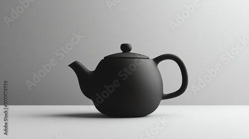 A black teapot on a table in front of a wall. photo