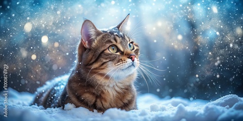 In a serene winter wonderland, a playful cat dances among gently falling snowflakes, embracing the calm beauty and
