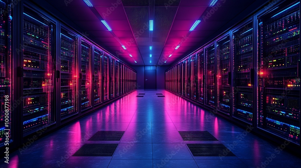 Neon lights illuminate a server room with rows of computer servers. Neon lights illuminate a server room with rows of computer servers.