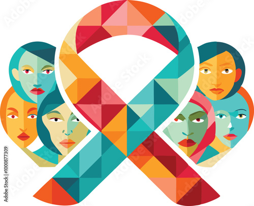 Abstract ribbon with diverse faces representing support, awareness, and unity in illustration