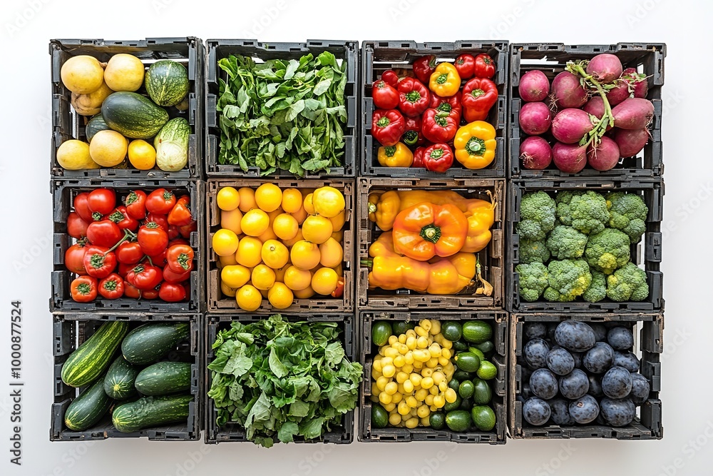 Aerial shot of white background with boxes containing different fruits. Generative Ai Aerial shot of white background with boxes containing different fruits. Generative Ai