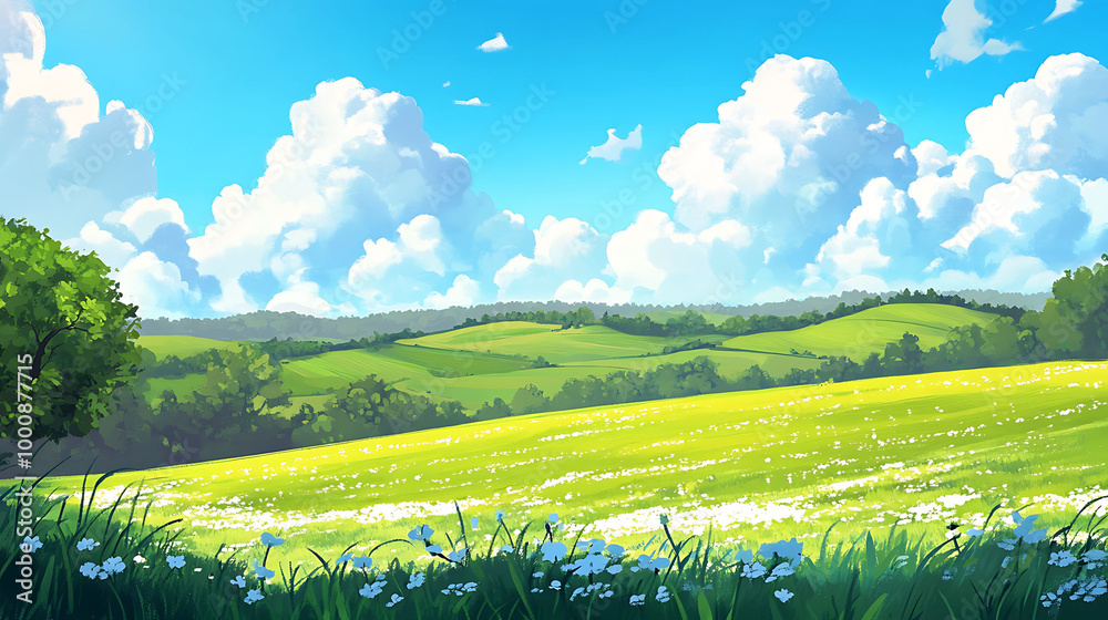 Fototapeta premium A picturesque scene of rolling hills and fields of wildflowers under a bright blue sky with fluffy clouds.