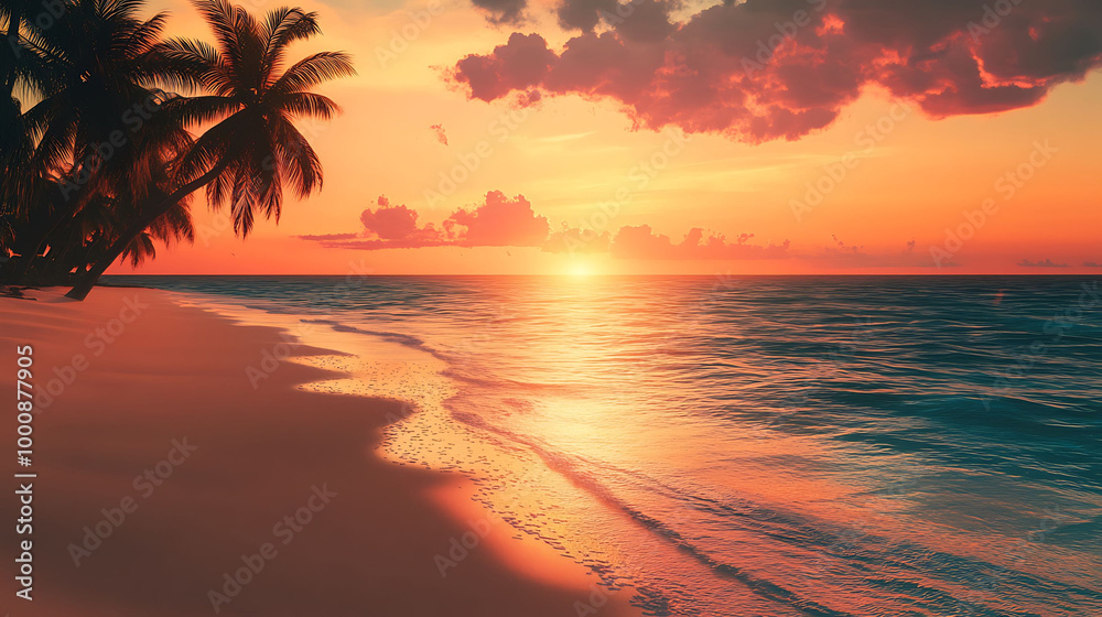 Obraz premium A beautiful sunset over a tropical beach with palm trees silhouetted against the vibrant sky.