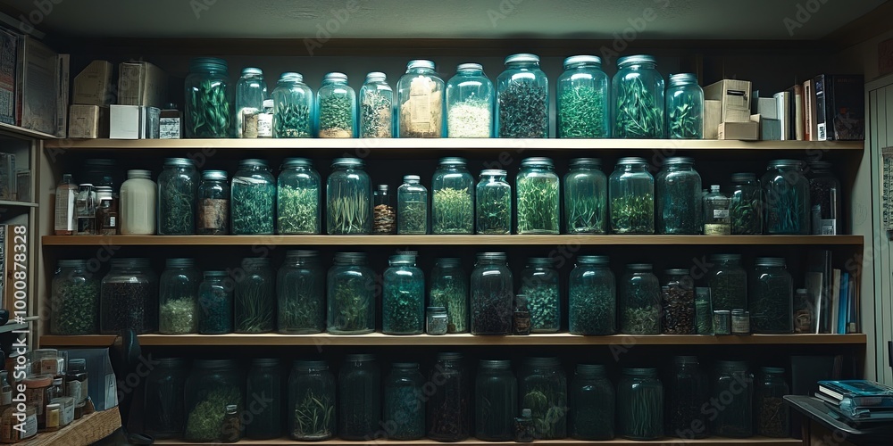 A Shelf Filled with Glass Jars, Each Holding a Different Plant, Illuminating a Dark Room A Shelf Filled with Glass Jars, Each Holding a Different Plant, Illuminating a Dark Room