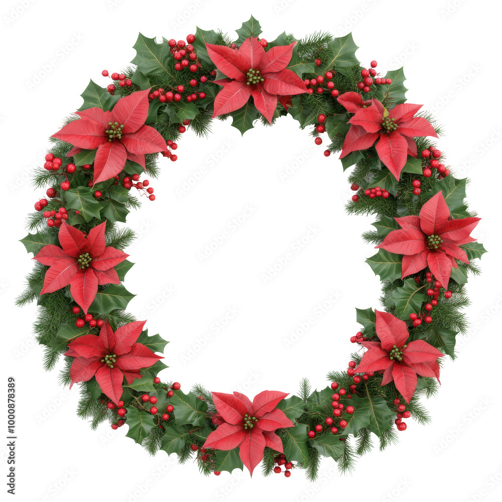 Fototapeta premium A large Christmas wreath decorated with red poinsettias, holly, and red berries, creating a festive holiday decor.
