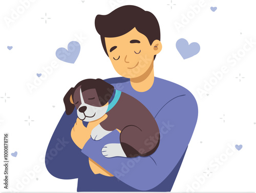 Man holding a puppy and smiling, expressing love and care for his pet in vector illustration