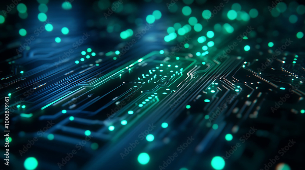 A close-up shot of a circuit board with glowing green lights, symbolizing technology and innovation. A close-up shot of a circuit board with glowing green lights, symbolizing technology and innovation.