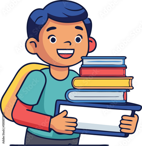 Boy carrying a stack of books with a smile, representing education and learning in vector illustration