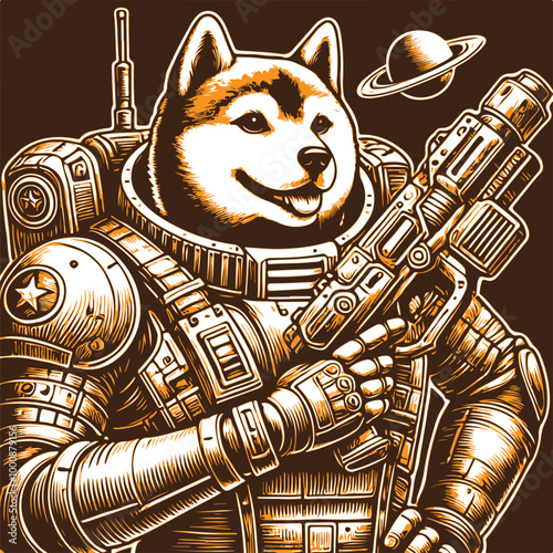 Shiba dog in space suit print for t-shirt in engraving style vecto