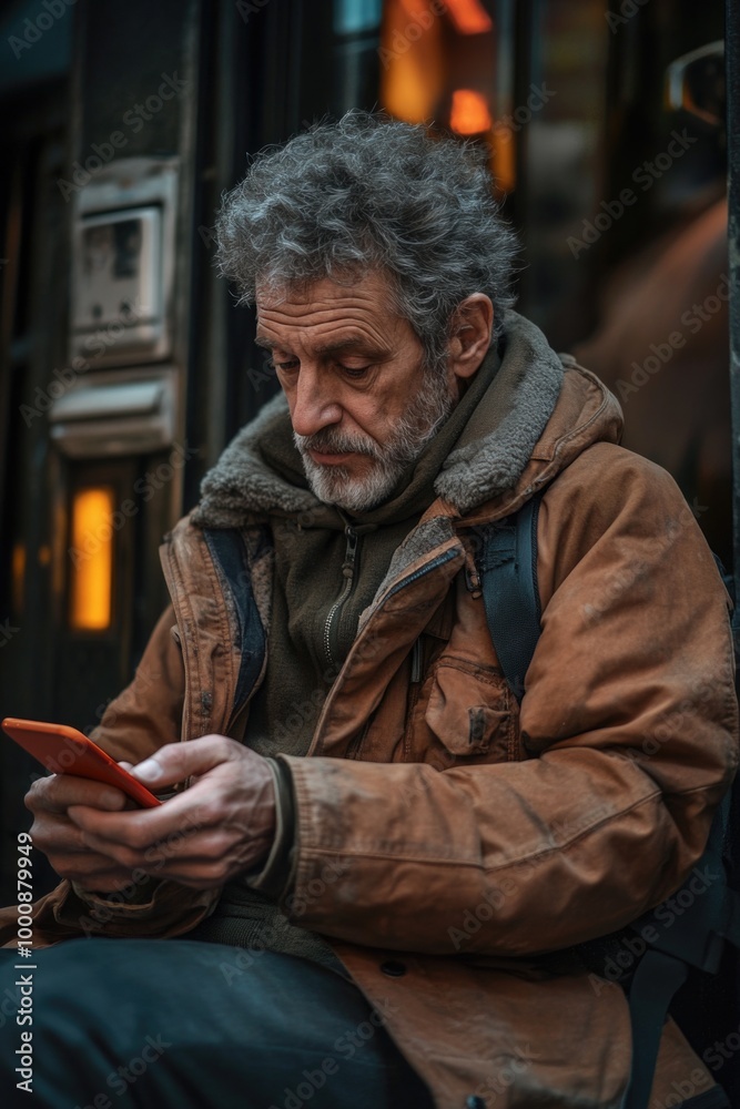 Man on Bench with Cell Phone, Man on Bench with Cell Phone,