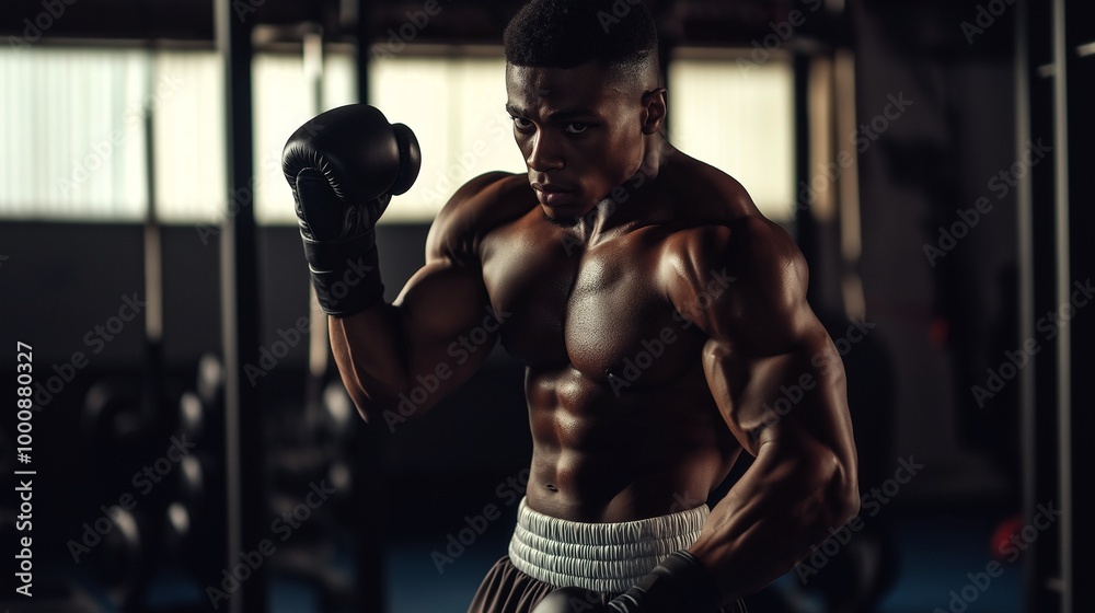 Grit & Glory. A boxer's intense focus, every muscle coiled with power, ready to unleash a knockout punch. The raw energy of the gym, the dedication in his eyes. Generative ai illustration. Grit & Glory. A boxer's intense focus, every muscle coiled with power, ready to unleash a knockout punch. The raw energy of the gym, the dedication in his eyes. Generative ai illustration.