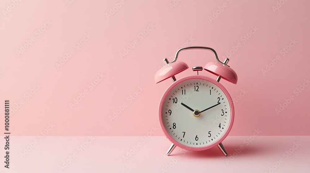 A pink alarm clock sitting on a pink background. A pink alarm clock sitting on a pink background.