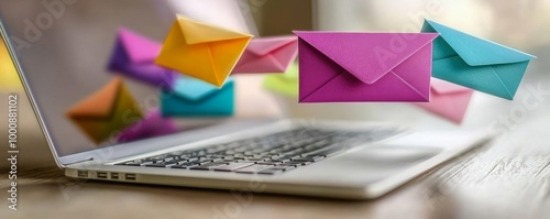 Laptop With Colorful Envelopes Flying Out