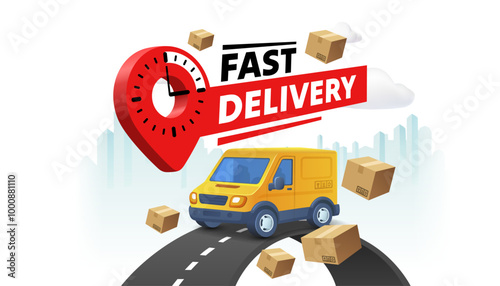fast delivery of goods, parcel transportation, express service, label emblem. Vector illustration
