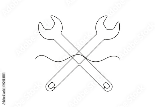 Adjustable wrench and hammer continuous one line drawing vector illustration