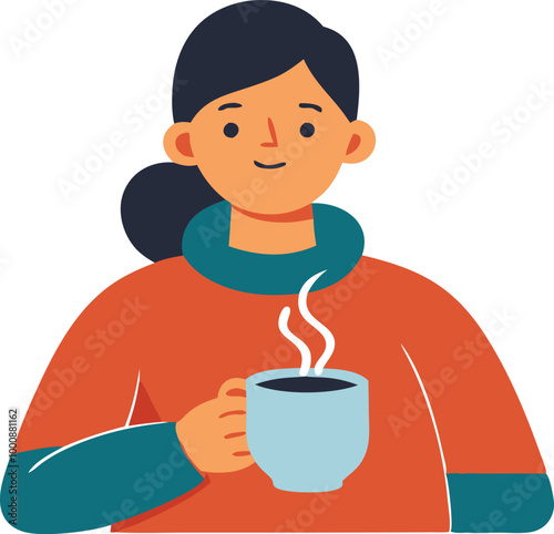 Woman holding a cup of hot drink and smiling, symbolizing warmth and comfort in vector illustration